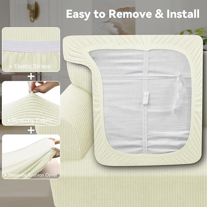 Waterproof Loveseat Cover 3-Piece Set Striped Slipcover for 2 Separate T Cushion Couch - TPU Fabric 2-Seater Sofa Covers Leakproof Couch Protector for Kids, Pets(Loveseat, Ivory)