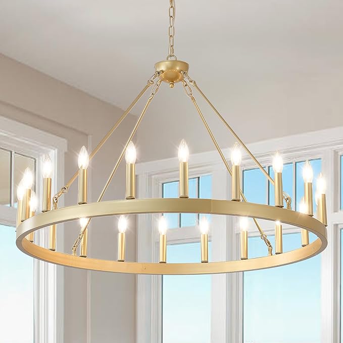 Gold Wagon Wheel Chandelier 40”, 20-Light Farmhouse Wagon Wheel Chandelier for Dining Room, Modern Round Iron Candle Chandeliers Light Fixture for Living Room, Foyer, Entryway, E12