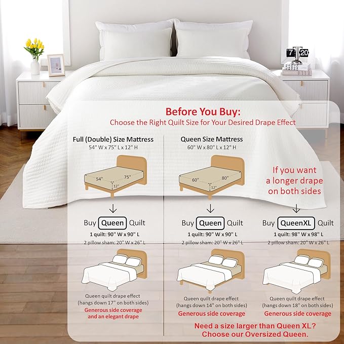 Queen Quilt Set – 90"x90" Soft Washed 3-Layer Lightweight Bedspread with Multi-Lock Quilting, Minimalist Nordic Bedding, All-Season Quilt Set for Spring & Summer (1 Quilt + 2 Pillow Shams),Cream White