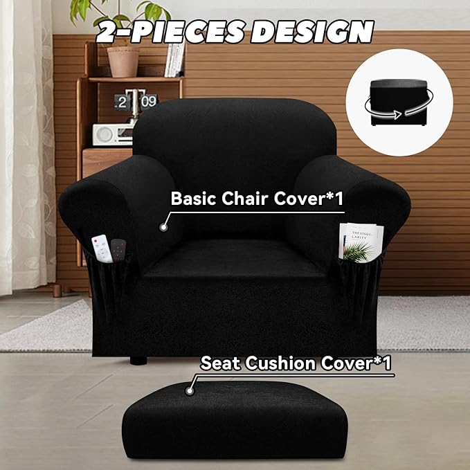 Chair Slipcover with Armrest Pockets 2-Piece Set, Stretch Faux Leather Chair Cover for Armchairs(Fits 31-45") - Non-Slip, Machine Washable, Pet & Kid Friendly - Black