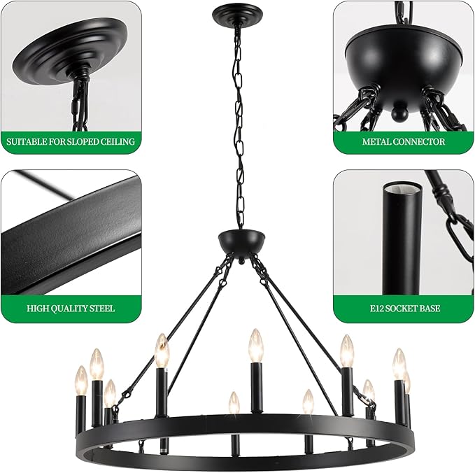 Wagon Wheel Chandelier 32" 12-Light, Round Black Chandeliers Farmhouse Modern Wagon Wheel Light Fixtures, for High Ceiling Dining Living Room, Foyer, Entryway