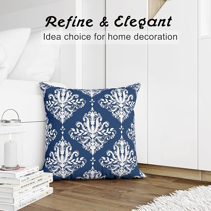 LOVOUS Navy Blue and White Damask Throw Pillow Covers 18x18 Inch Set of 2, Vintage Linen Decorative Pillow Covers for Bed Couch Sofa Bedroom Living Room Home Decor, B37