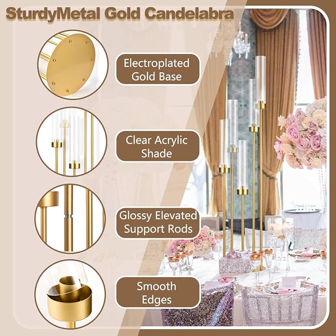 5 Arm Candelabra with Acrylic Lampshade Set of 4 Gold Candelabra for Wedding Table Birthday Party Home Decoration 39.4'' Candle Holder Fit LED Taper Candles