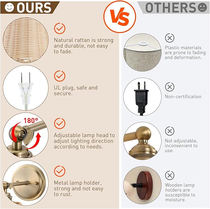 Rattan Battery Operated Wall Sconce Set of Two, Hand-Woven Wicker Lampshade, Rechargeable Wall Lights for Bedroom with Remote, Dimmable Bulb Plug-in or Hardwire Wall Sconces for Hallway Living Room