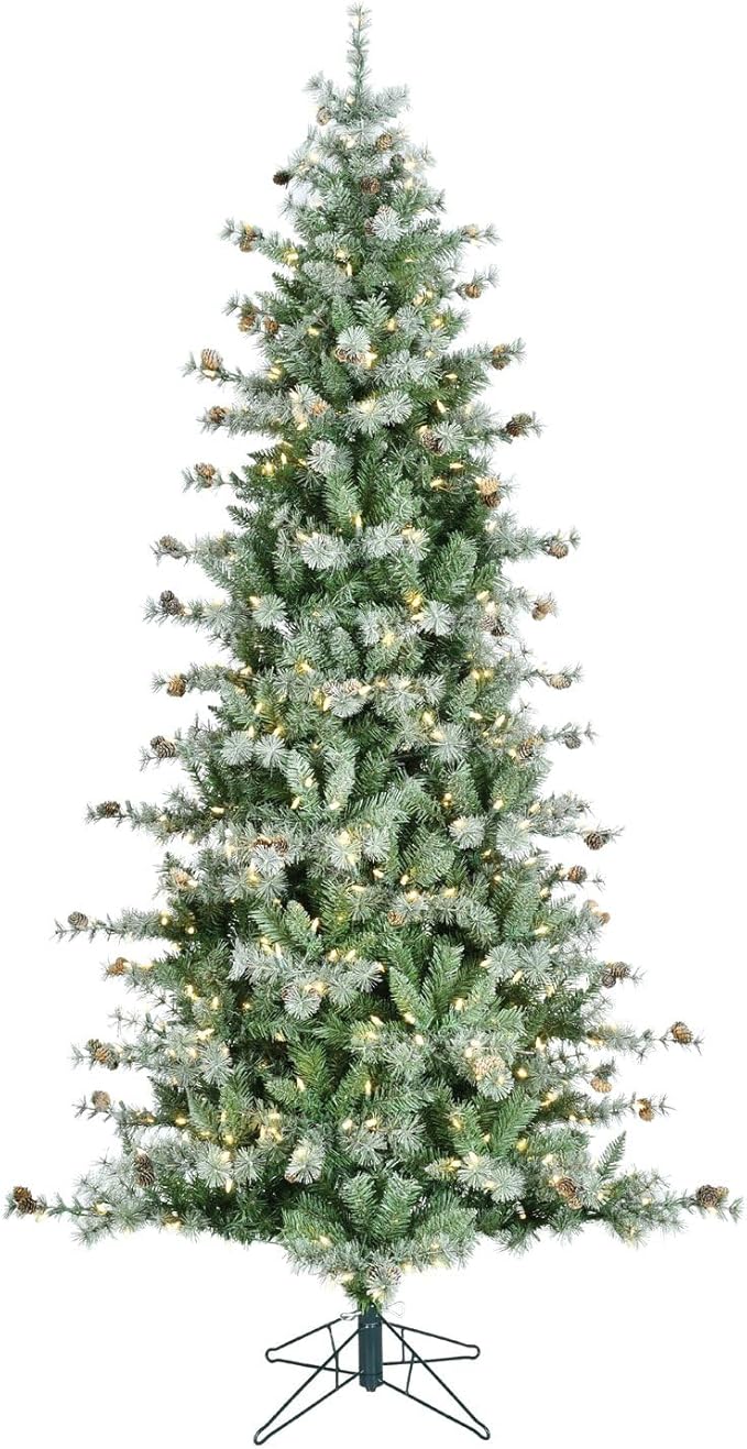 Fraser Hill Farm 6.5-Feet Pre-Lit Buffalo Fir Green Slim Artificial Christmas Tree with Warm White LED String Lights, Realistic Foliage, Lightly Flocked with Pinecones, Stand Included