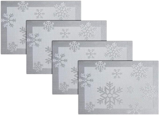 PIGCHCY Christmas Placemats Snowflake Woven Heat Resistant Placemats Washable Easy to Clean Table Mats for Dining Room and Decor(Set of 4, Silver)