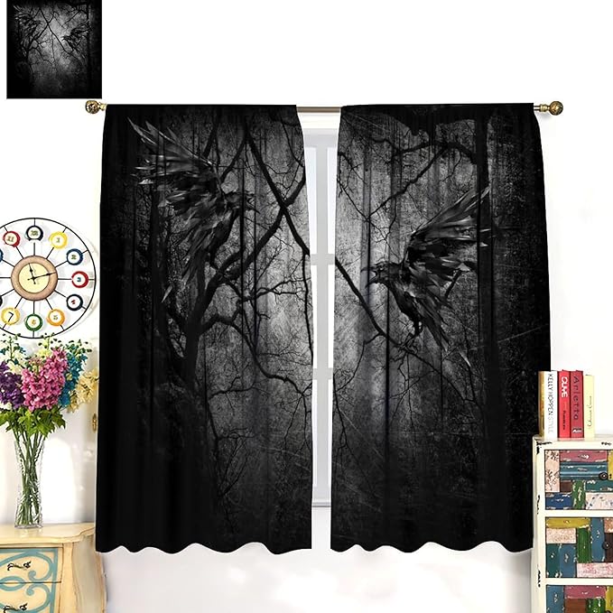 Gothic Crows Blackout Curtains, Black Forest Tree Spooky Foggy Mysterious Horror Theme Window Drapes, for Living Room Bedroom 36(W)*63(L) 2 Panels