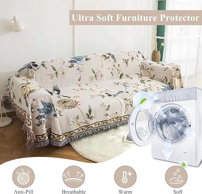 VClife Boho Beige Floral Birds Couch Cover Soft Thick Cotton Linen Farmhouse Sofa Cover for 3 Cushion Couch Sofa, Breathable Non-Slip Sectional Sofa Protector 1 PC Futon L Shpe Slipcover with Tassels