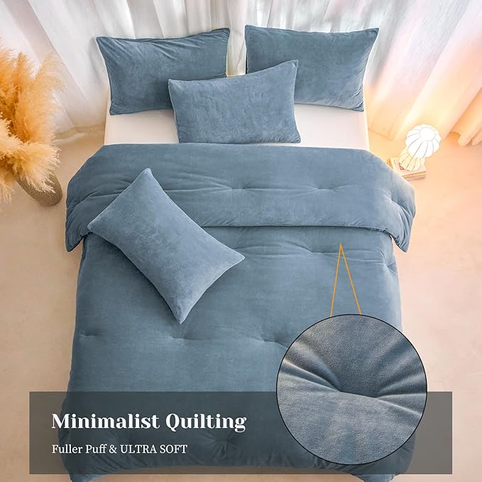 Velvet Comforter Set Queen/Full Size, Grey Blue Fluffy Velvet 3 Piece, Soft Breathable Luxury Winter Warm Bedding Sets, with 1 Cozy Comforter, 2 Pillow Shams