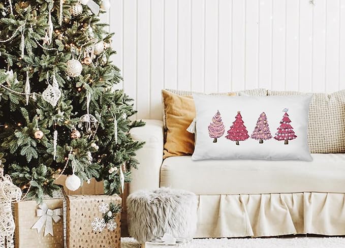 KEUSPI Pink Christmas Decor Pink Christmas Pillows Covers 12x20, Pink Christmas Decorations Christmas Pink Decor,Christmas Tree Pillow Covers,Pink Christmas Tree Decor for Christmas Bedroom Decor