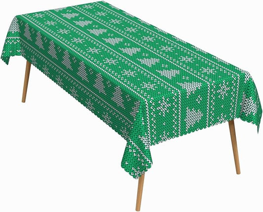 60x120 Inch Christmas Theme Rectangle Tablecloth Xmas Tree Snowflake Stripe Green Table Cloth Washable Durable Table Cover for Kitchen Dining Banquet Ugly Christmas Sweater Party Decor