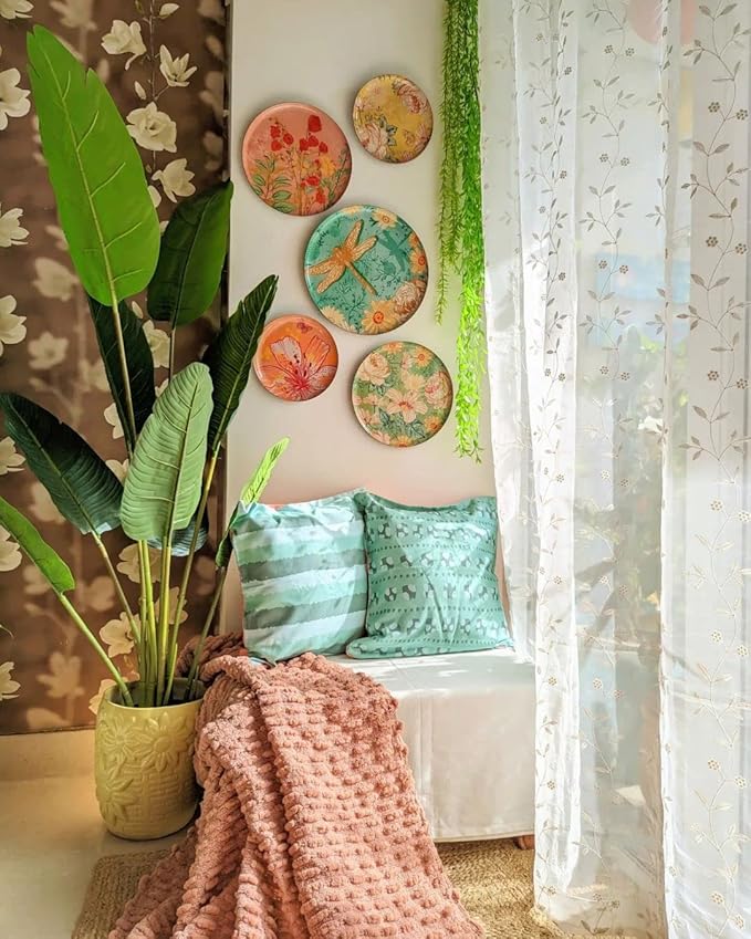 RITUALISTIC Pastel Blooms Iron Wall Art Plates – Set of 5 Decorative Plates | Floral & Nature-Inspired Metal Wall Decor | Soft-Toned Wall Hanging for Living Room, Bedroom & Christmas gifts