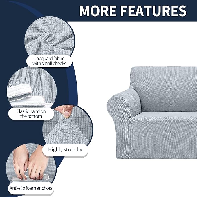 Cupuamon 2025 New Stretch Loveseat Sofa Slipcovers Couch Cover for 2 Cushion Furniture Protector Sofa Covers with Elastic Bottom Jacquard Fabric Small Checks for Pets, Kids - Silver