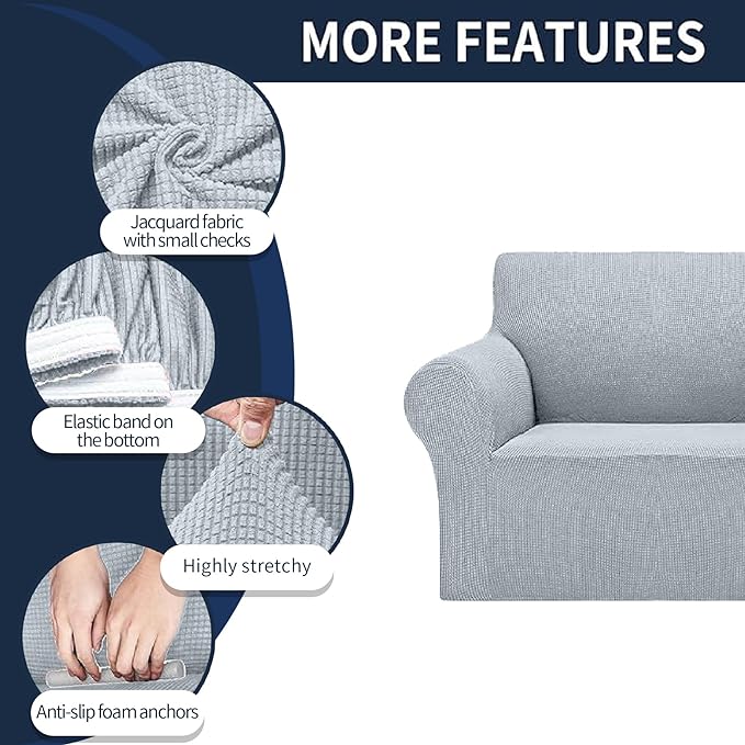 Cupuamon 2025 New Stretch Chair Sofa Slipcovers Couch Cover for 1 Seater Furniture Protector Sofa Covers with Elastic Bottom Jacquard Fabric Small Checks for Pets, Kids - Silver