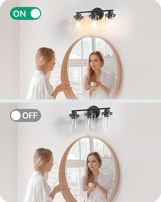 EDISHINE Bathroom Light Fixtures, 3 Light Bathroom Vanity Light, Matte Black Bathroom Lights Over Mirror with Clear Glass Shade for Bedroom Powder Room Vanity Table Kitchen (E26 Base)