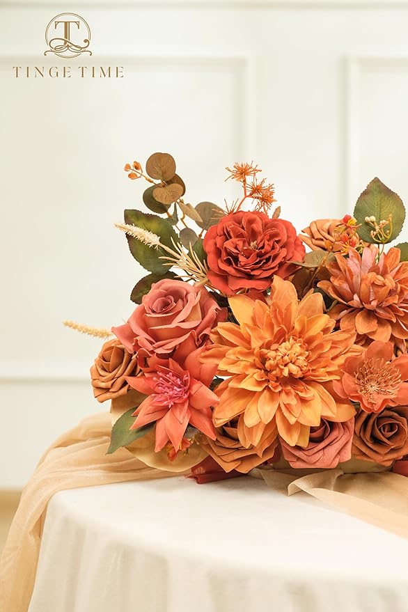 TINGE TIME Artificial Flowers Deep Burnt Orange Flower Combo for DIY Wedding Bouquets Table Centerpieces Arrangements Party Baby Shower Home Fall Decorations