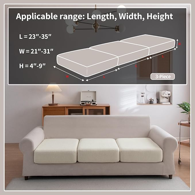 Sectional Couch Covers, Wear Resistant Stretch Sofa Covers Washable Soft Couch Cushion Covers Anti Slip Furniture Protector Sofa Slipcovers for Pets (3 Pieces 3 Seaters Cover, Ivory)
