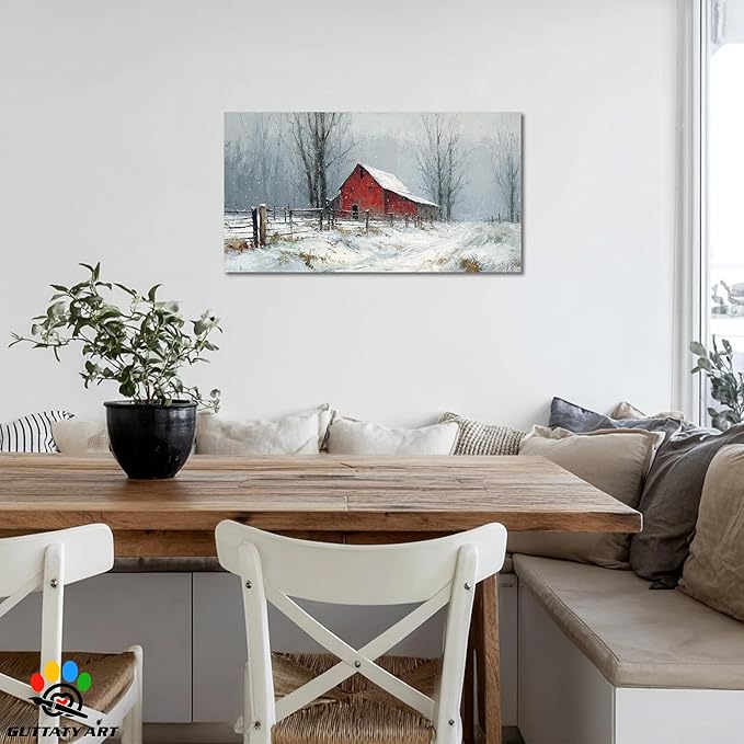 GUTTATY Christmas Winter Scene Canvas Wall Art, Rustic Red Barn Pictures, Snowy Landscape Wall Print, Country Farmhouse Canvas Painting, Festive Hanging Artwork for Living Room Decor, 40x20 Inch