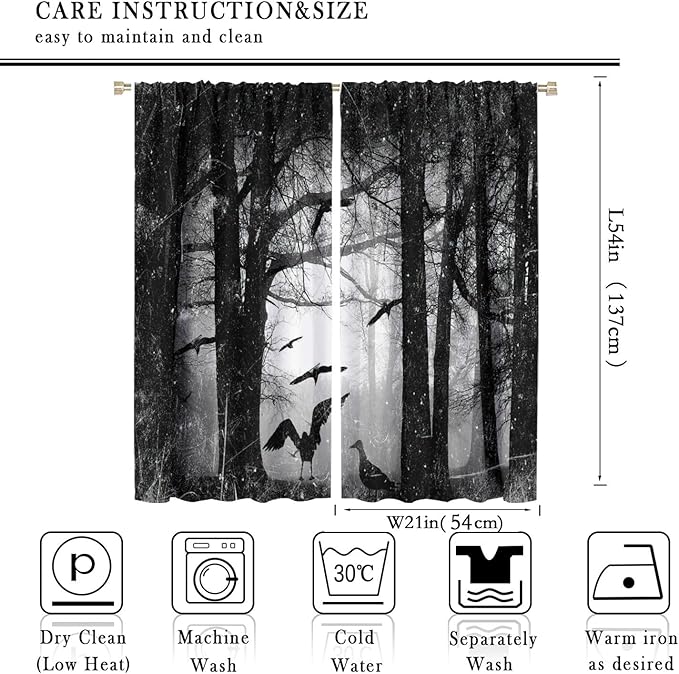 Gothic Forest Blackout Window Curtains, Halloween Style Foggy Forest Dead Trees Crow Print Curtains, for Bedroom Living Room 21(W)*54(L) 2 Panels