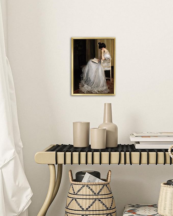 AIMAILON Vintage Gold Canvas Wall Art Framed Decor for Living Room School Elegant Reading Girl in White Dress Portrait Classical Aesthetic Artwork Home Decoration 12x16