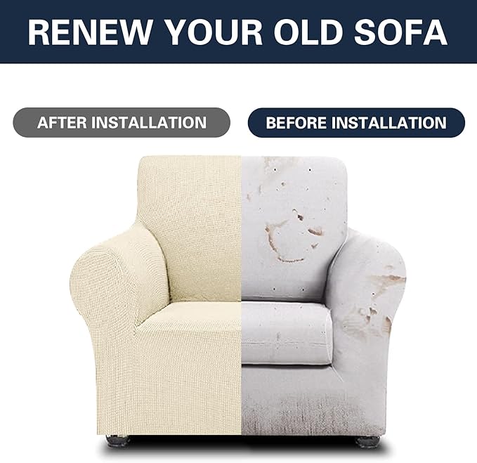 2025 New Stretch Chair Sofa Slipcovers Couch Cover for 1 Seater Furniture Protector Sofa Covers with Elastic Bottom Jacquard Fabric Small Checks for Pets, Kids - Beige