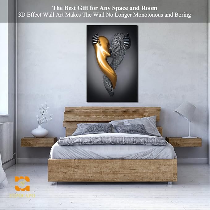 3D Metal Effect Wall Art - 3D Metal Art Wall, Modern Abstract Hug Lovers Painting Picture Poster Prints for Bathroom, Romantic Couple Living Room Canvas Wall Art Framed 32”x48”x1Pcs