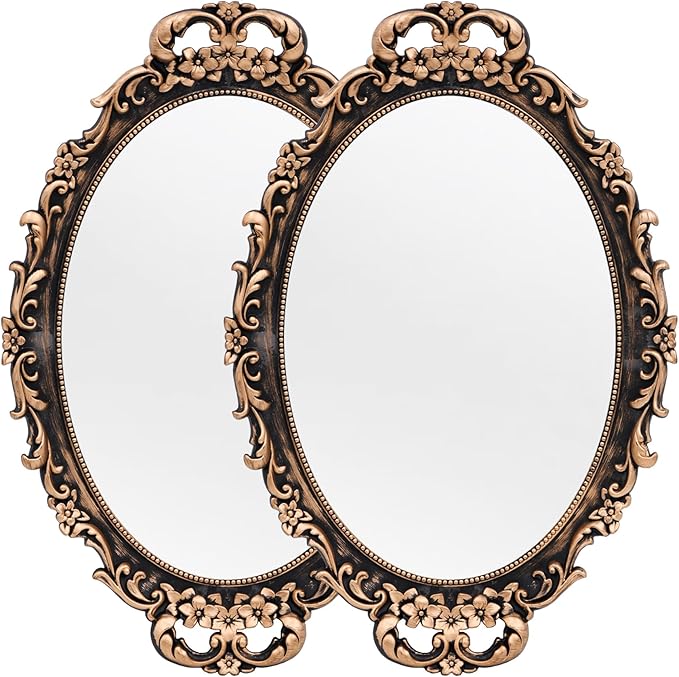 Vintage Decorative Gold Framed Mirror, Wall Hanging Mirrors & Tabletop Tray for Bedroom Living Room Dresser Decor, Oval- 9.6" W x 14.3" L (BRONZE-2PACK)