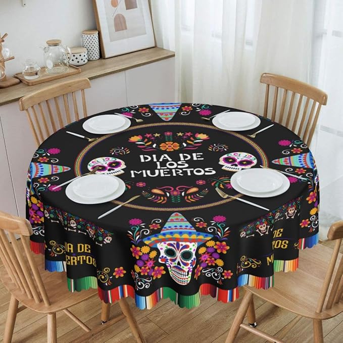 Mexican Round Tablecloth, Traditional Colorful Skull Floral Dia De Los Muertos Azulejo Mosaic Mexico Water Resisitant Table Cover for Dining Kitchen Living Room Home Party Holiday Decor 70 inch Round
