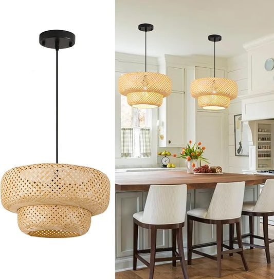 Bamboo Pendant Lights 13.8IN Farmhouse Chandelier Hand-Woven Natural Ceiling Hanging Lamp for Kitchen Island Living Room Bedroom Restaurant Dining Room