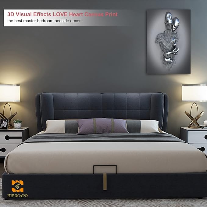 HIPOCAPO 3D Metal Effect Wall Art - Love Heart Canvas Art, Silver Decor for Living Room, Romantic Couple Room Framed 24”x36”x1Pcs 3d Art-15