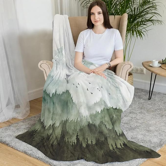 Neasow Watercolor Mountain Forest Fleece Throw Blanket, Nature Misty Foggy Sage Green Tree Landscape Art Nap Blankets Gift Sofa Bed Couch Chair or Dorm Throws 50×60 inches