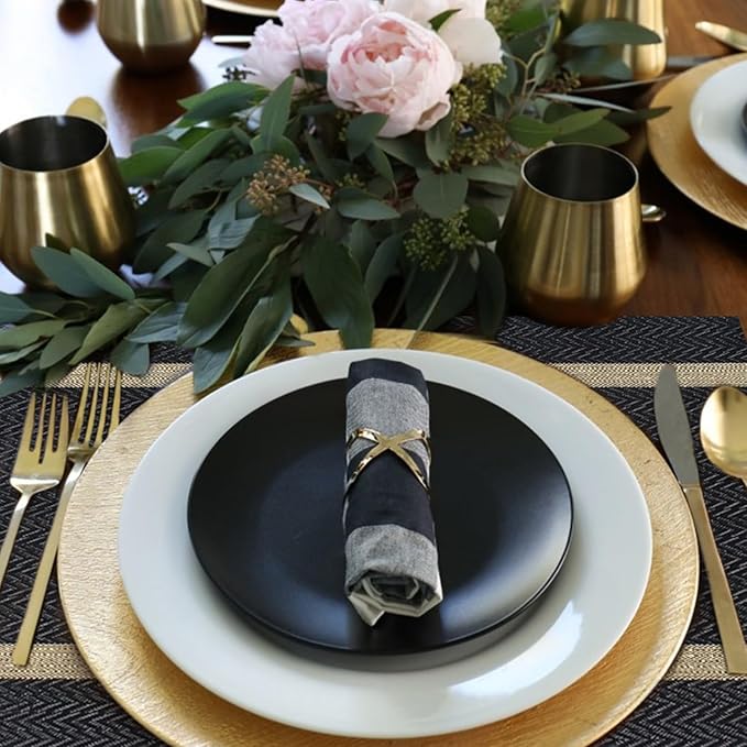 FAVE Placemats Set of 4 Black Placemats Woven with Golden Thread Durable and Wipeable Vinyl Placemats Table Mats Set of 4 for Wedding, Banquet, Birthday, Party, Restaurant (Black, 12"x18"-4PCS)