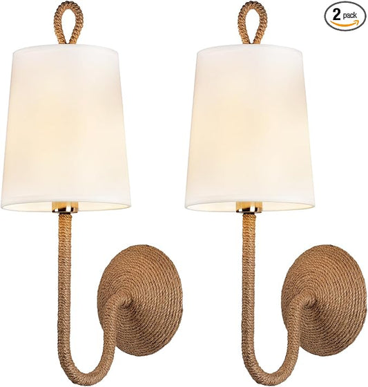 Natural Rattan Wall Sconce Set of 2: Boho Coastal Rope Woven Lamps with Linen Fabric Shades for Living Room, Bedroom, Bedside, Vanity and Hallway