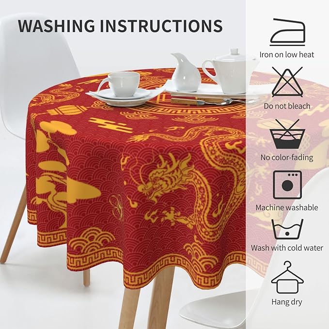 Chinese Tablecloth Round, Red Golden Traditional Zodiac Dragon Vintage Asian Style Oriental Water Resisitant Table Cover for Dining Kitchen Living Room Home Party Holiday Decor 70 inch Round