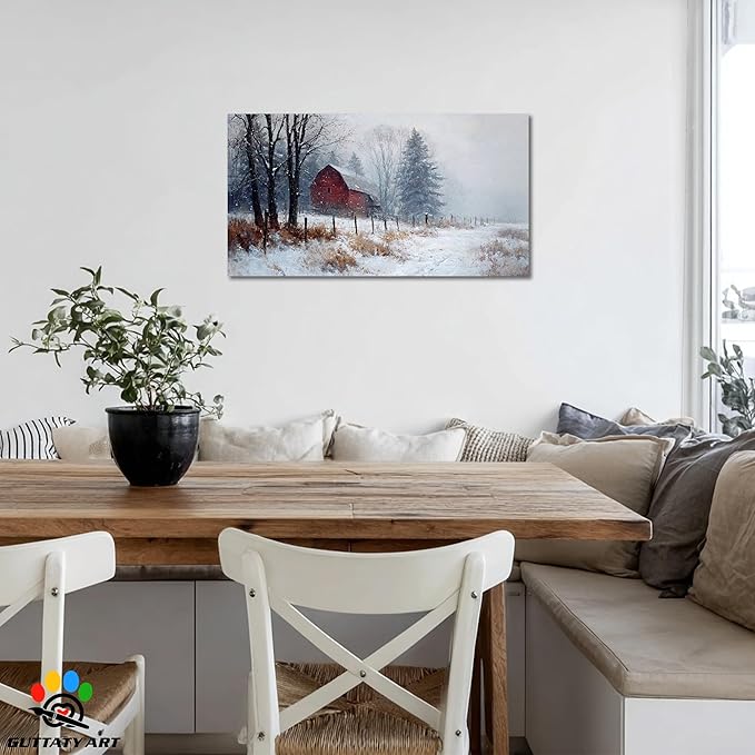 GUTTATY Christmas Winter Scene Canvas Wall Art, Rustic Red Barn Canvas Prints, Snowy Landscape Wall Artwork, Holiday Wall Decor Poster, Cozy Winter Pictures for Living Room, Bedroom, 16x8 Inch