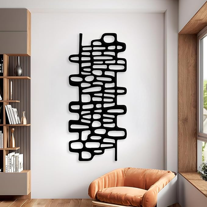 Abstract Geometric Metal Wall Art, Modern Circles Metal Decor, Minimalist Line Art, Long Narrow Sign, Luxury Modern Artwork for Living Room, Farmhouse, Office (Black, 53"x24" | 135x62cm)