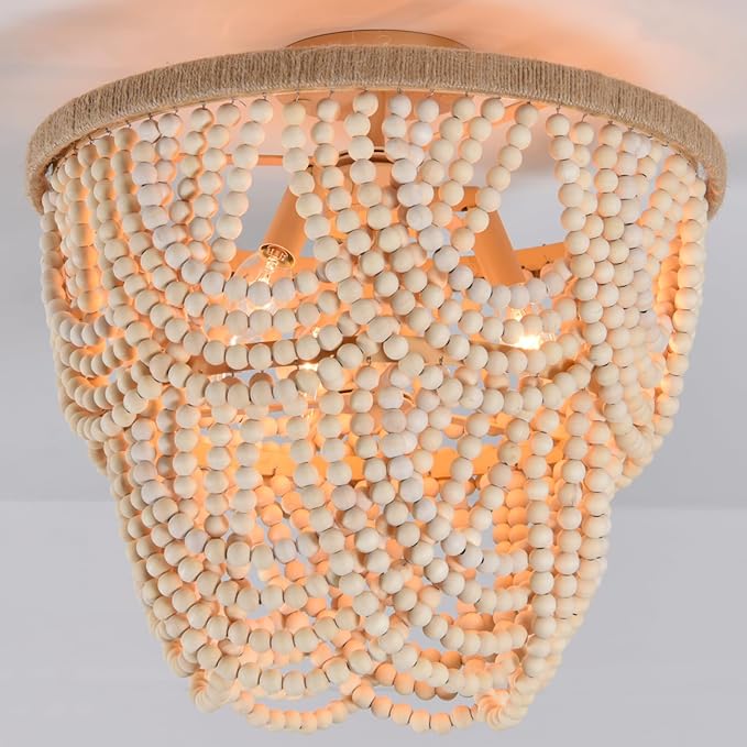 Boho Wood Beaded Chandelier Retro Vintage Antique Rustic 3 Lights Ceiling Lamp Light fixtures for Dining Room Kitchen Living Room Bedroom Foyer Office