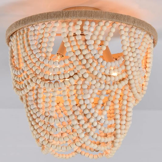 Boho Wood Beaded Chandelier Retro Vintage Antique Rustic 3 Lights Ceiling Lamp Light fixtures for Dining Room Kitchen Living Room Bedroom Foyer Office