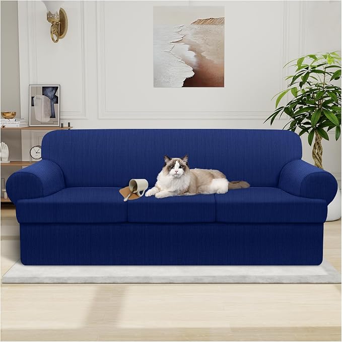 Waterproof Couch Cover 4-Piece Set Striped Sofa Slipcovers for 3 Separate T Cushion Couch - TPU Fabric Sofa Covers Leakproof Couch Protector for Kids, Pets(3 Cushion Sofa, Navy)