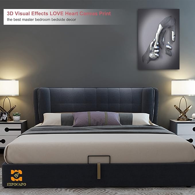 3D Metal Effect Canvas Wall - 3D Wall Art Decor Artwork hold hands Silver Modern Art Canvas Painting, Large Wall Art for Bedroom Dercorations Framed 24”x36”x1Pcs