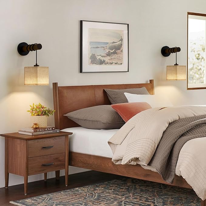 Battery Operated Wall Sconces Set of 2, Modern Rechargeable Wall Mounted Lamps with Remote Control, Adjustable 3 Colors Dimmable Wall Lights for Bedroom, Wooden Arm, Hexagonal Fabric Shade