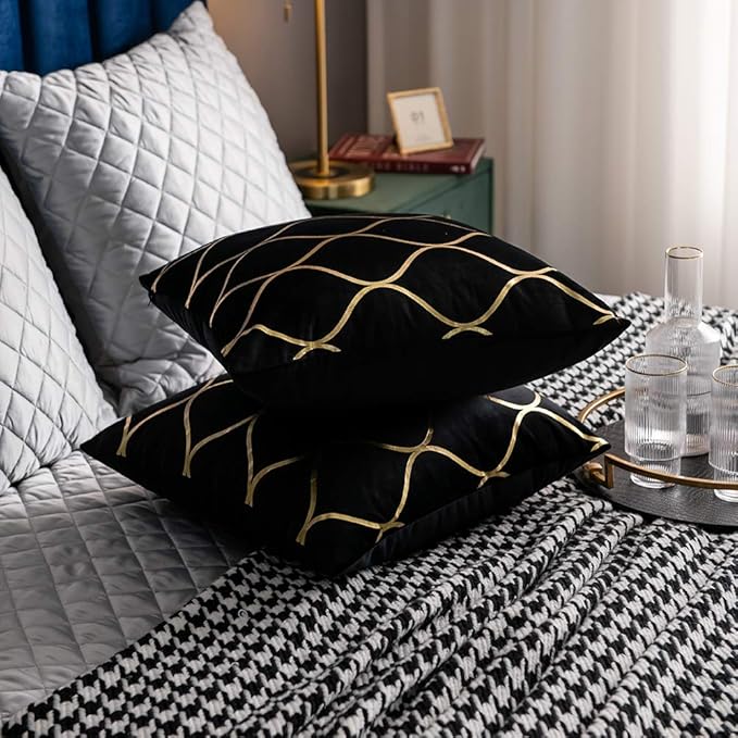 16x16 Inch Gold Velvet Throw Pillow Covers: 2 Pack Square Decorative Pillow Cases for Bedroom Sofa Couch Living Room, Black