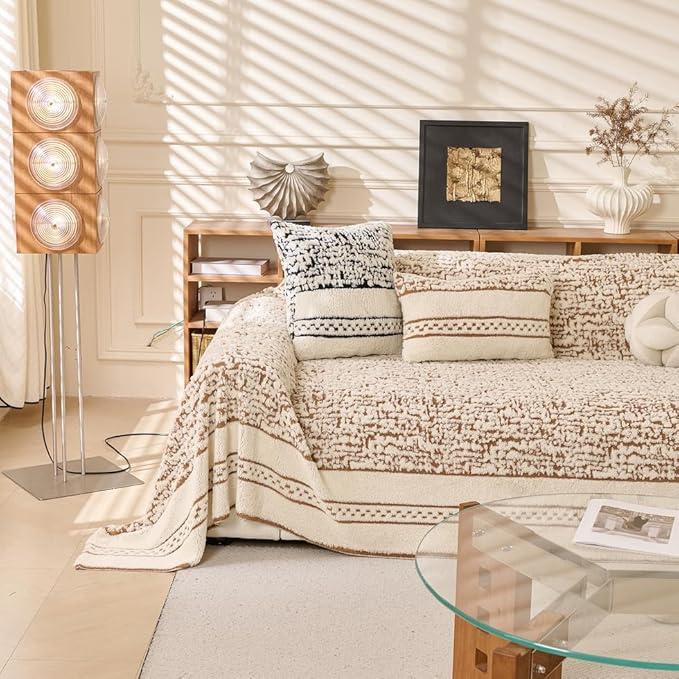 ROOMLIFE Thicked Striped Boho Khaki Couch Cover for 2-3 Cushion Sofa, Fuzzy Plush Warm Sofa Slipcovers Sectional Sofas Covers, Non Slip Washable Furniture Protector Soft with Tassel,Winter 71''X118”