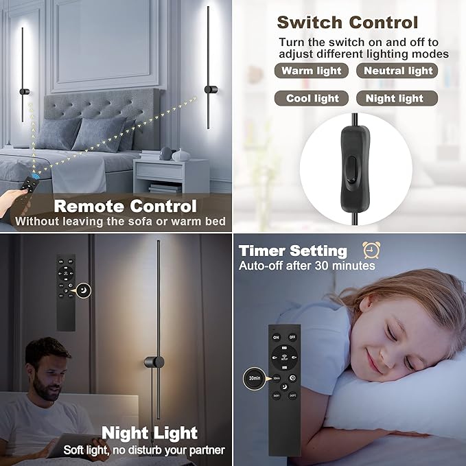Wall Sconces Set of Two with Remote, Stepless Colors 3000K-6500K & Stepless Dimming, Hardwire or Plug-in, 180° Rotate, LED Black Plug in Wall Sconces with Timer & Night Light, 39.4 Inches