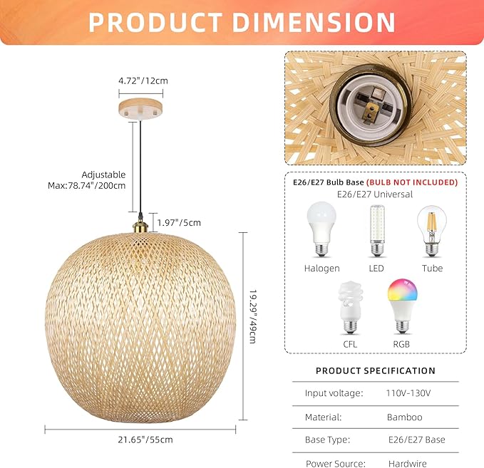 Arturesthome Bamboo Pendant Lighting Fixtures, Round Wicker Chandelier Hand-Woven Boho Basket Lampshade Hanging Ceiling Light for Kitchen Island Living Room
