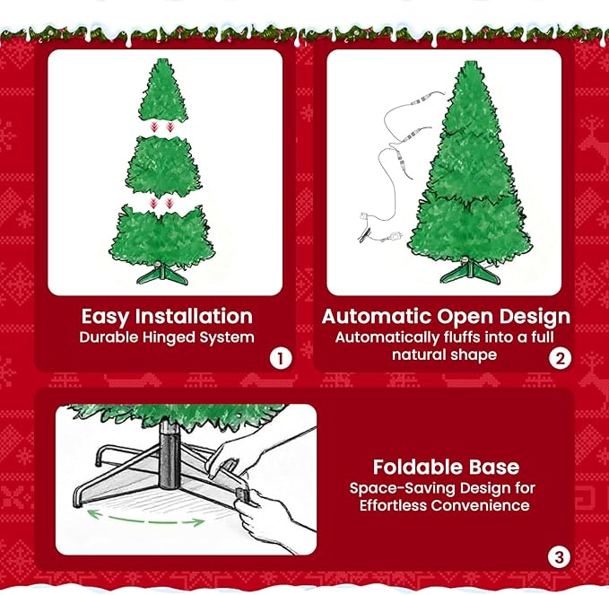 7ft Pre-lit Christmas Tree with Double-Sided Five-Fork PE & PVC Needles, Dense Realistic Pine Design, Easy Assembly Holiday Decoration Tree