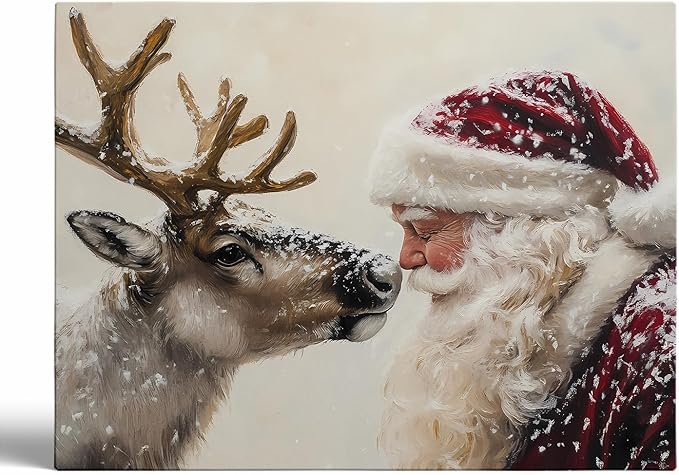 Retro Santa Wall Art Prints,Vintage Santa Reindeer Poster,Rustic Christmas Print,SantaClaus Painting,Winter Holiday Cottagecore Decor