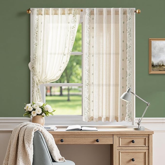 jinchan Winslow Linen Curtains 54 Inch Length Christmas Decorations Farmhouse Small Window Curtains Embroidered Bordered Floral Drapes Light Filtering for Bathroom Kitchen Sage on Beige 2 Panels