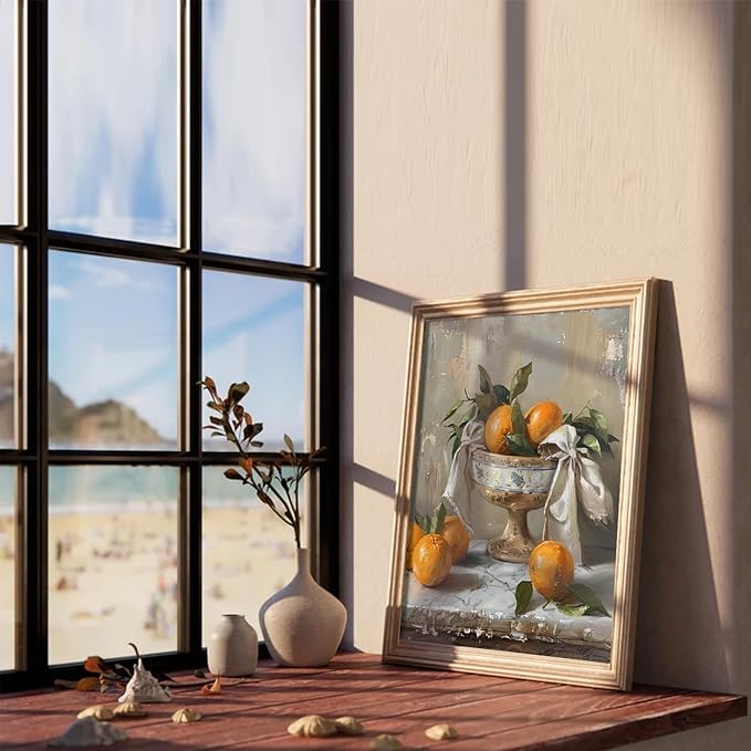 XOCUUI Farmhouse Still Life Picture Living Room - Rustic Vintage Decor for Bedroom - Tangerine Orange Fruit Moody Muted Oil Painting Art Deco Wall Art for Kitchen - 8x10inch Unframed