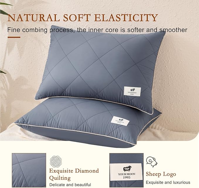 YOUR MOON Organic Wool Pillow Standard Size Set of 2, Soft Support Bed Pillows for Sleeping, Natural Wool & Down Alternative Filling, Luxury Hotel Quality Pillows,100% Cotton Cover (Gray)